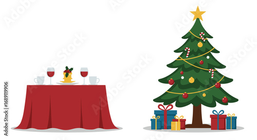 Festive holiday scene with decorated christmas tree and table setting