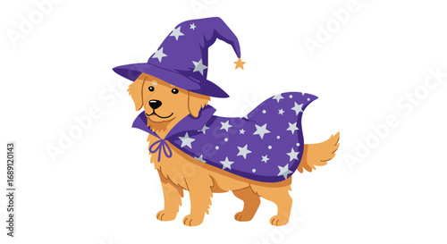 Adorable dog in wizard costume with starry cloak and hat