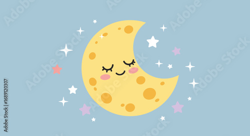 Cute cartoon moon with stars on light blue background