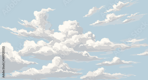 Dreamy sky with billowing clouds in clear blue atmosphere