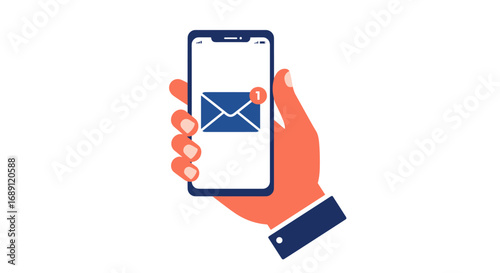 Hand holding smartphone with email notification icon in flat design