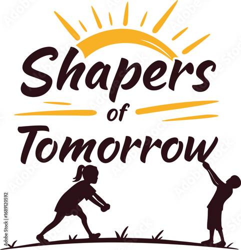 Vector art of shapers of tomorrow logo, showcasing children reaching for a bright future under a radiant sun