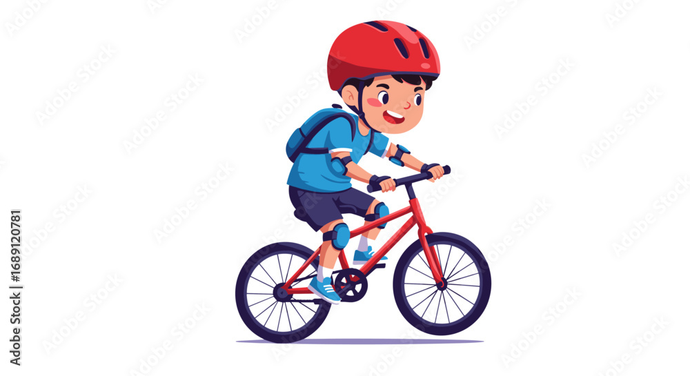 Fototapeta premium Cheerful young boy riding bicycle in flat cartoon style