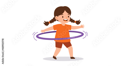 Happy child with hula hoop in cartoon style on white background