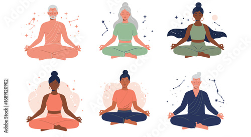 Diverse meditation practices with celestial themes and astrological elements in a modern flat design