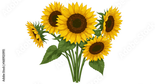 Vibrant sunflowers bouquet with green leaves on white background