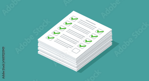 Isometric checklist of documents with check marks on teal background