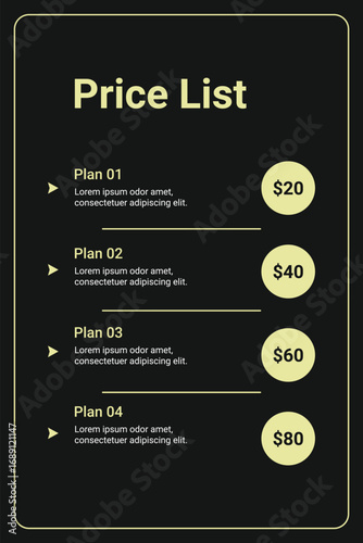 Simple price list template design with 4 plans on black background