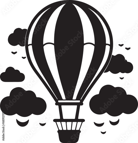 hot air balloon and clouds silhouette, vector and illustration, black and white