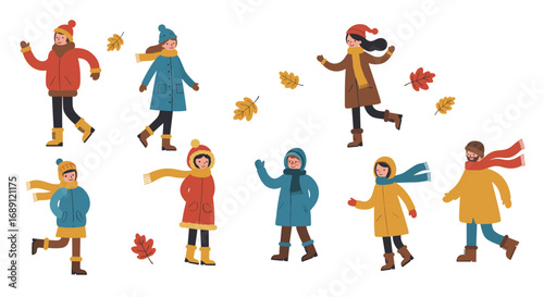 Cheerful children playing in autumn attire with falling leaves