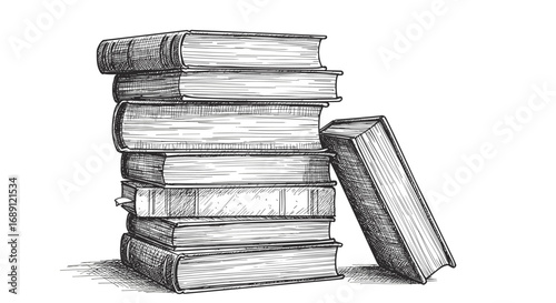 Vintage hand-drawn stack of books sketch for classic literature and education themes