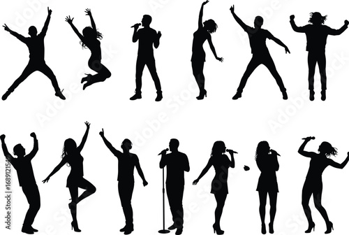 Silhouette of Energetic Singers and Dancers Performing on Stage, Expressive Poses for Music, Entertainment, and Performance Design Concepts
