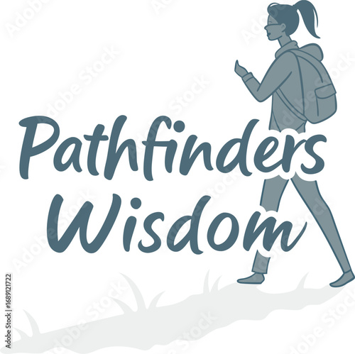 Vector art of pathfinders wisdom logo featuring a girl with backpack walking and the text pathfinders wisdom in blue