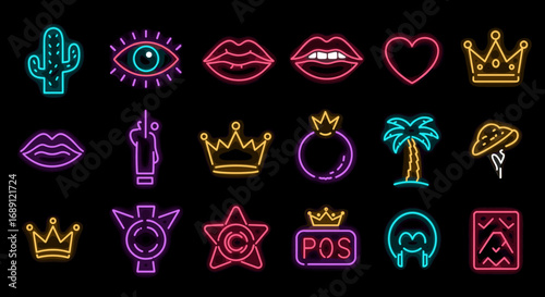 Vibrant neon icons set featuring trendy symbols on black background