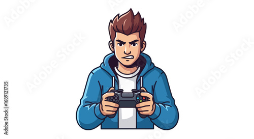 Cartoon Gamer Holding Controller with Focused Expression.