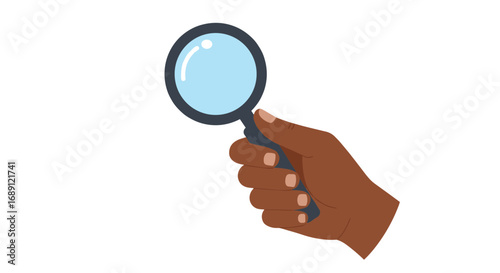 Hand holding magnifying glass on white background