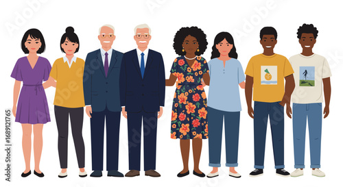 Diverse group of people standing together in casual and formal attire