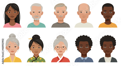 Diverse flat style portraits of men and women in various ages and ethnicities