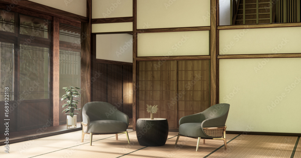 Fototapeta premium The Western style room is a Japanese room with a small sofa in the living room in an old traditional Japanese style. 3d rendering