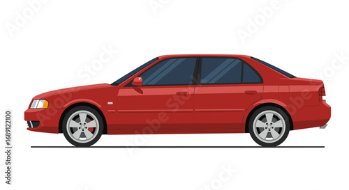 Red sedan side profile on white background for automotive design
