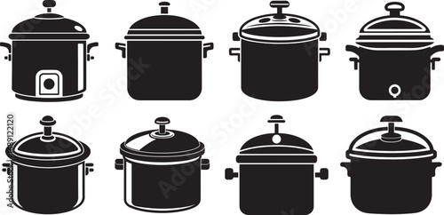 set of pressure cooker silhouette, vector and illustration, black and white