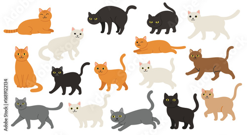 Playful variety of cats in flat style: cute cartoon feline set