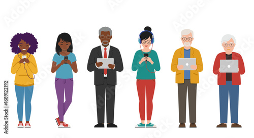 Diverse people using technology devices in flat style