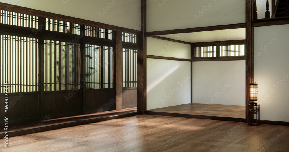 Fototapeta premium Architecture and interior concept Empty room and wood panels wall background 3D illustration rendering