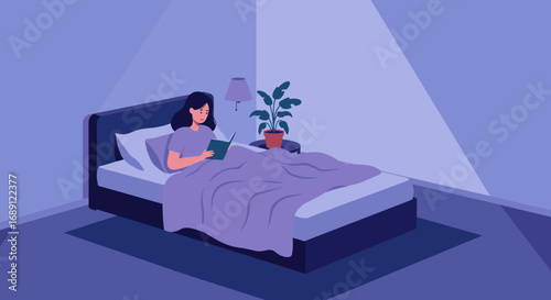 Relaxing evening: woman reading in cozy bedroom with soft lighting