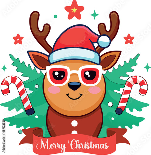  Cute Christmas reindeer with santa hat Glasses and Candy Canes Illustration
