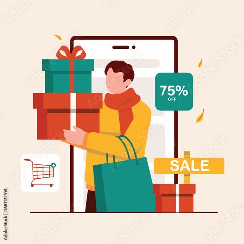 A happy man holding gift boxes and a shopping bag from a successful online seasonal sale with big discounts