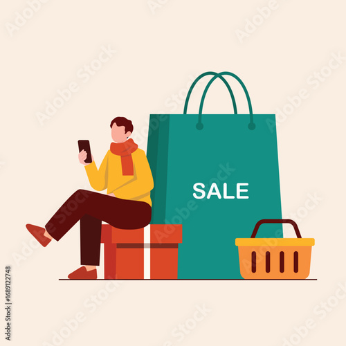 A man shops online using his smartphone during a seasonal sale, sitting next to a large shopping bag, basket, and gift boxes. Vector concept of e-commerce and mobile consumerism