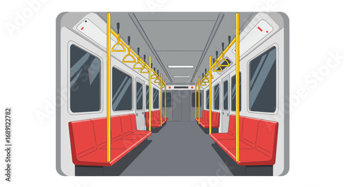 Modern subway train interior with red seats and yellow handrails in commuter style