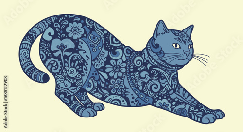 Ornamental floral patterned cat stretching in intricate design