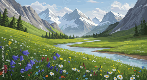 Serene alpine landscape with snowy mountains and flower-filled meadow