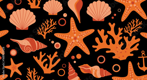 Marine life pattern with seashells, starfish, and coral on black background