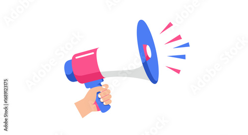 Megaphone in hand with speech bubbles and vibrant colors on white background