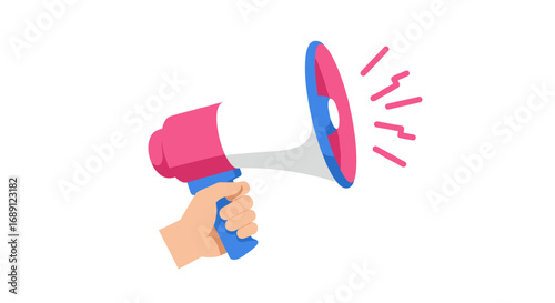 Colorful megaphone in hand emitting sound waves in modern flat design