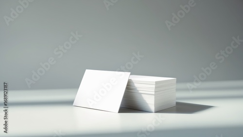 A stack of blank cards or papers placed on a white surface with a plain background.