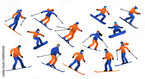 Winter sports enthusiasts: skiers and snowboarders in motion