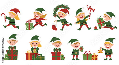Festive elves celebrating christmas with gifts and decorations