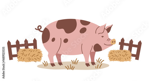 Adorable farm pig with spots among haystacks and wooden fence