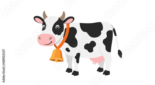Cute cartoon cow with bell and black spots on white background