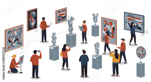 Art gallery visit with diverse visitors engaging with modern sculptures and paintings