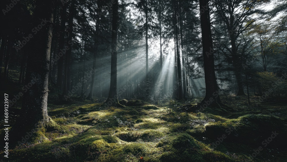 Fototapeta premium Sunlight streams through a dark forest