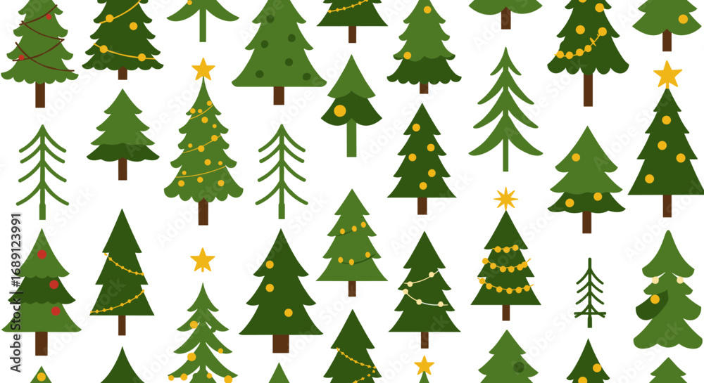 Obraz premium Seamless pattern of festive christmas trees with decorations on white background