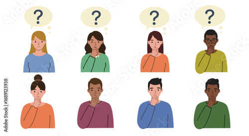 Diverse people pondering questions with thoughtful expressions and speech bubbles