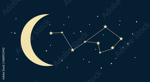 Night sky with constellation and crescent moon on dark background