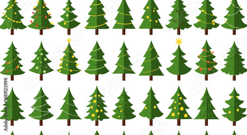 Festive christmas tree patterns with holiday decorations on white background