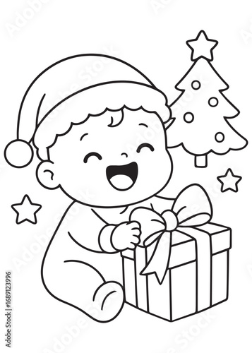 coloring book of a happy baby holding a wrapped Christmas present with a decorated tree and stars.